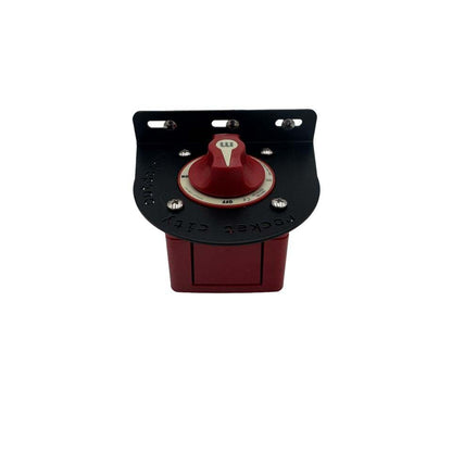 Universal battery switch mounting bracket in matte black aluminum, shown fitted with a red rotary battery switch and silver hardware.