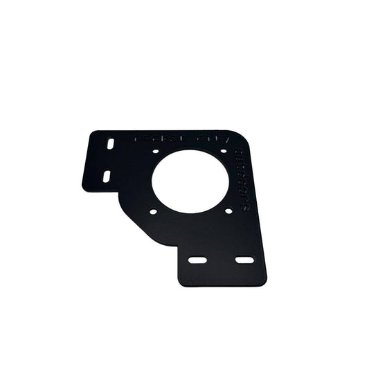 Xpress Battery Switch Corner Bracket in matte black coated metal with a large circular switch opening and mounting slots